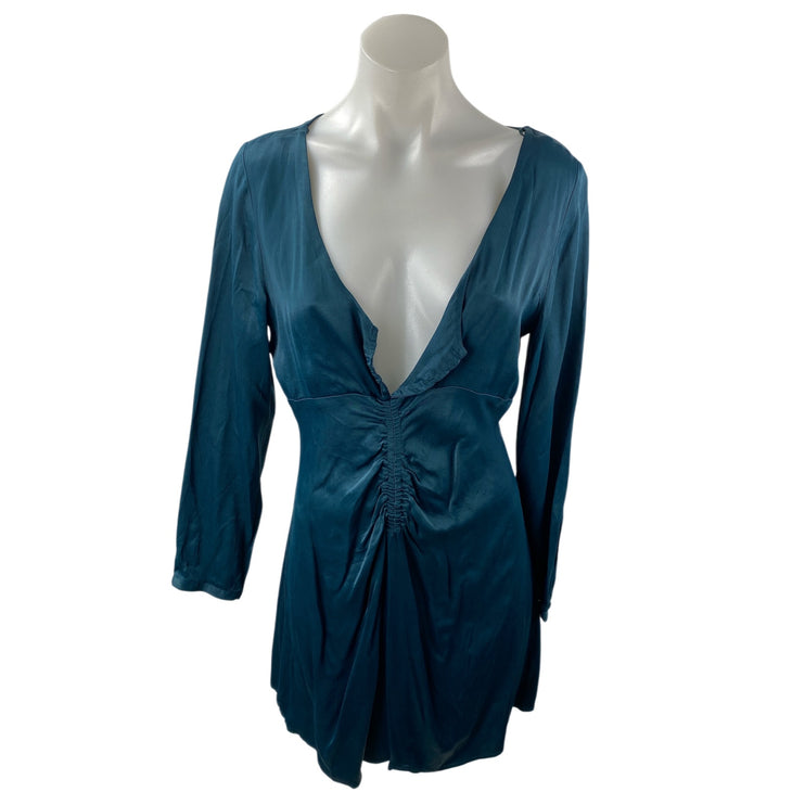 Zara Green Silky Satin Ruched V Neck Long Sleeve Mini Flare A-Line Dress Size M