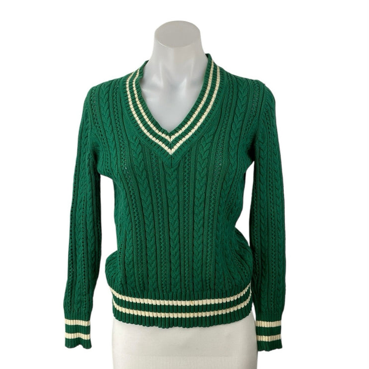 Liz Claiborne Women's Green Stripe Cable Knit V Neck Long Sleeve Sweater Top S