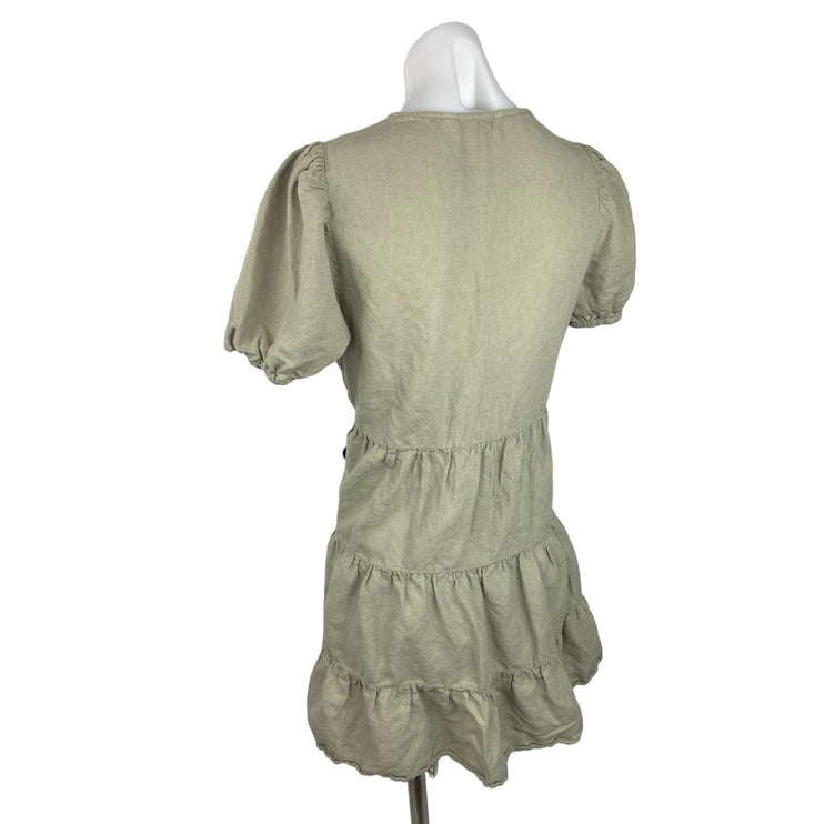 Zara Khaki Linen Blend V-neck Short Puff Sleeve Tiered Mini Babydoll Dress Sz M