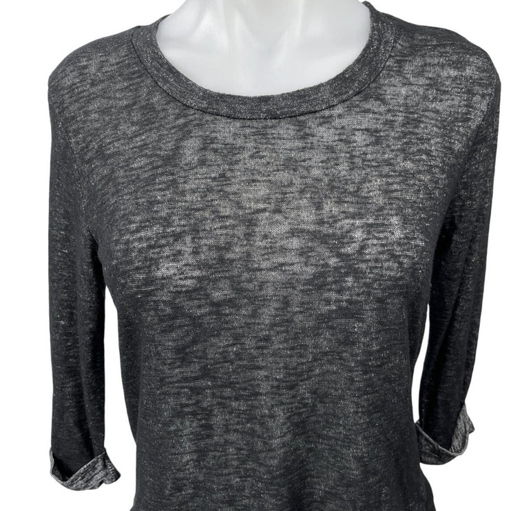 Olivia Moon Black Crew Neck Knit Satin 3/4 Sleeve Peplum Shirt Blouse Top Size S