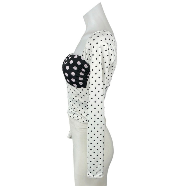 Niihai Black White Polka Dots Bustier Colorblock Long Sleeve Crop Top Size XS