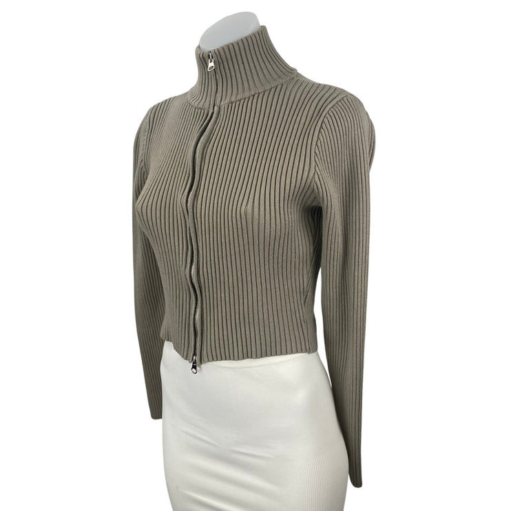 Edikted Olive Green Turtleneck Ribbed Knit Long Sleeve Zip Up Crop Sweater Sz M