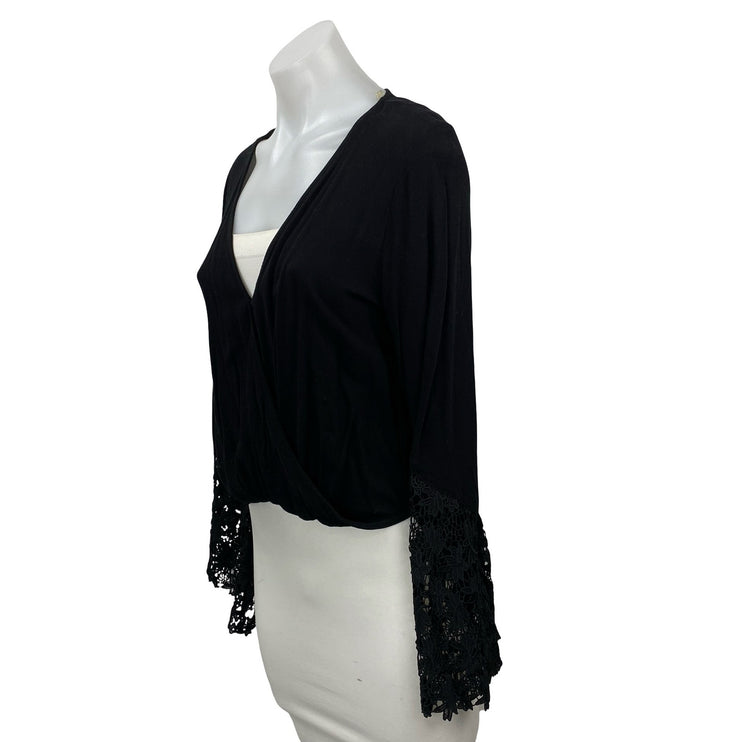 Vintage Havana Women's Black Long Sleeve Lace Trim V Neck Crop Wrap Blouse Top M
