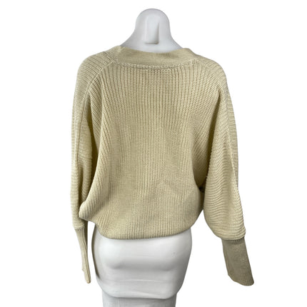 Berrylush Women's Cream Yellow Rubbed Knit Faux Wrap Long Sleeve Sweater Top S