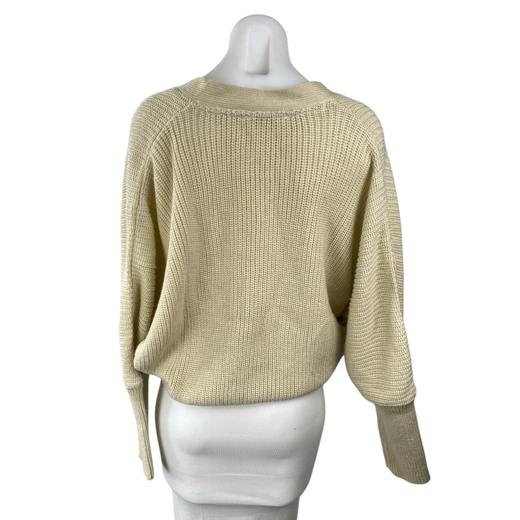 Berrylush Women's Cream Yellow Rubbed Knit Faux Wrap Long Sleeve Sweater Top S