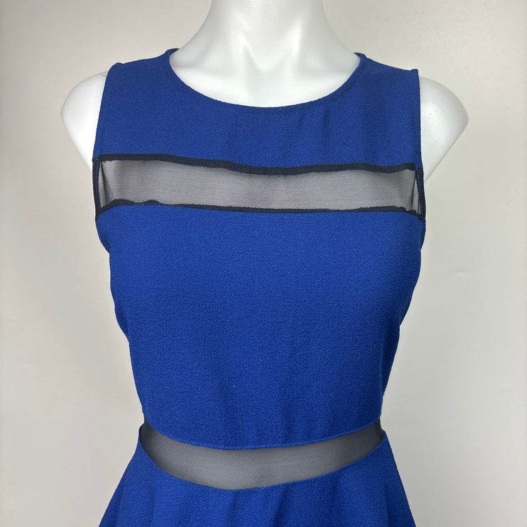 Lush Blue Sleeveless Mesh Cut Out Crew Neck A-Line Fit & Flare Mini Dress Size M