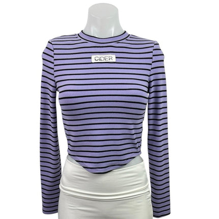 Cider Purple Black Stripe Crew Neck Long Sleeve Casual Crop Tee T-Shirt Top Sz S