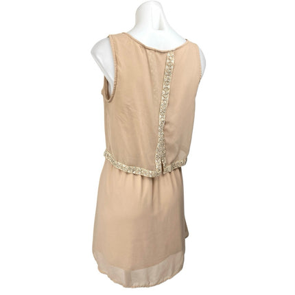 Blu Pepper Beige Tan Khaki Sleeveless Rhinestone Layered Mini Blouson Dress M