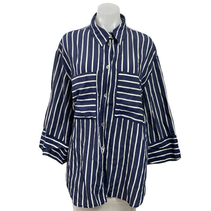 Zara Navy Blue Striped Pocket Oversized Relaxed Button Down Shirt Top Size L
