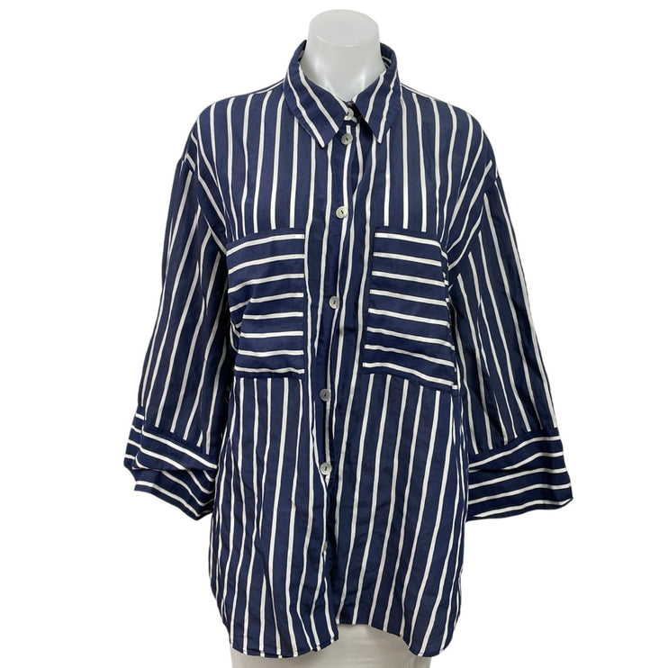 Zara Navy Blue Striped Pocket Oversized Relaxed Button Down Shirt Top Size L