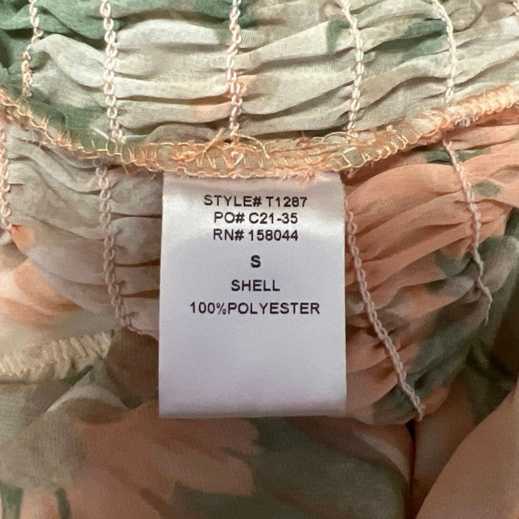 Lena Green Orange Coral Floral Long Sleeve Smocked Cropped Blouse Top Size S