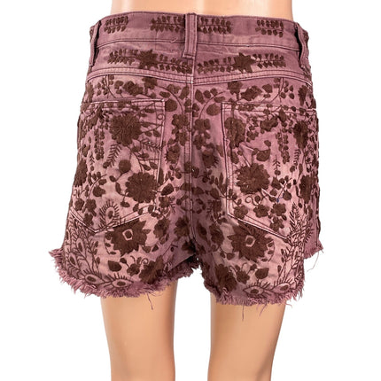 Free People Marissa Pink Floral Embroidered Cut Off Denim Jean Shorts Size 28
