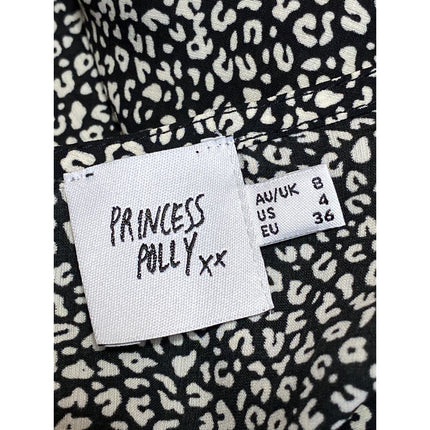 Princess Polly Black Leopard Print Long Sleeve Tie Front Crop Blouse Top Size 4