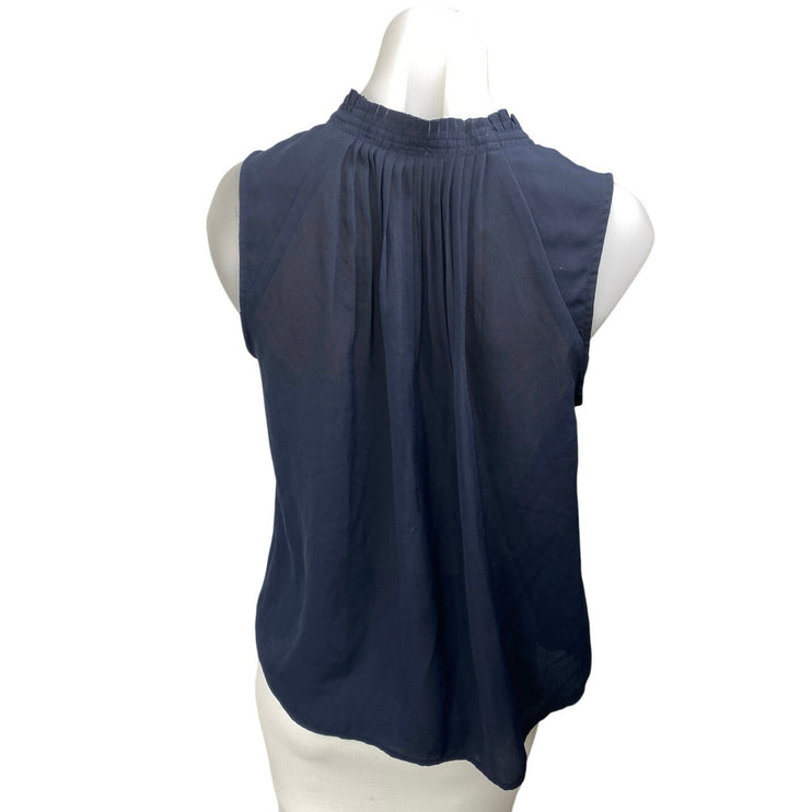 Banana Republic Navy Blue Sleeveless Pleated Mock Neck Ruffle Blouse Top Size S