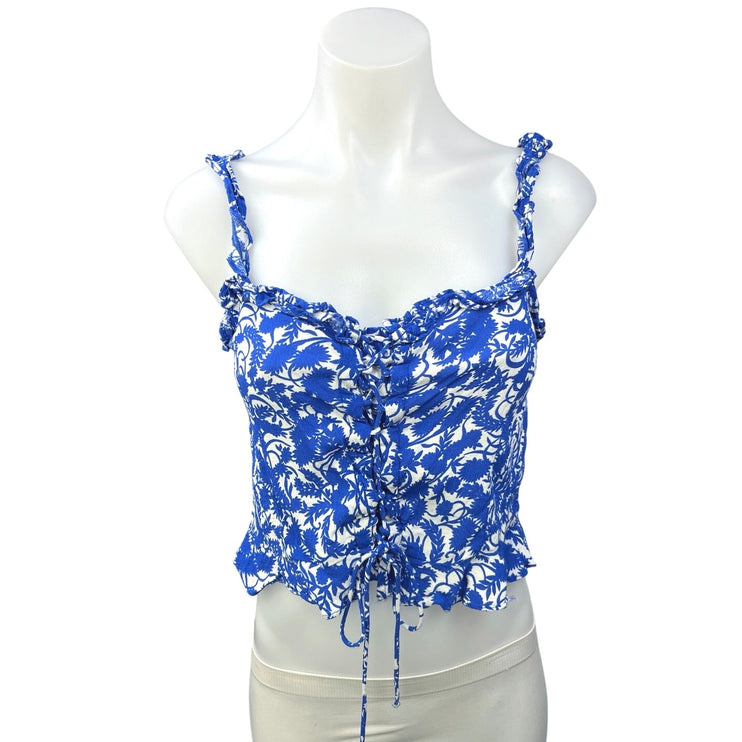 Zara Blue Floral Print Lace Up Tie Sleeveless Ruffle Strap Crop Tank Top Size S