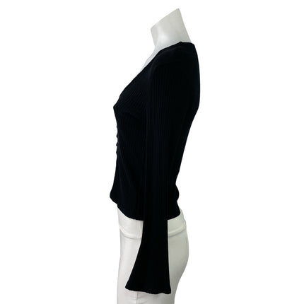 Reformation Virgil Black Ribbed Knit V Neck Long Sleeve Button Up Crop Top Sz M