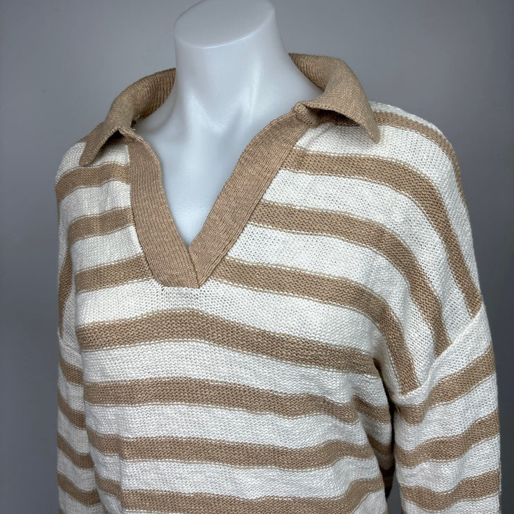 Sonoma Brown White Striped Waffle Knit Collar V-neck Long Sleeve Sweater Size M