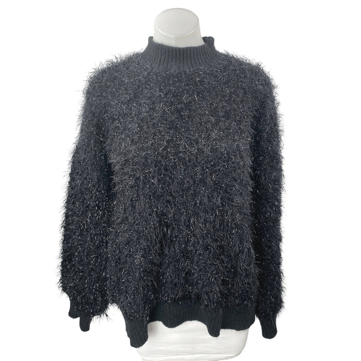 Rich Access Black Metallic Fuzzy Faux Fur Mock Neck Long Sleeve Sweater Top Sz M