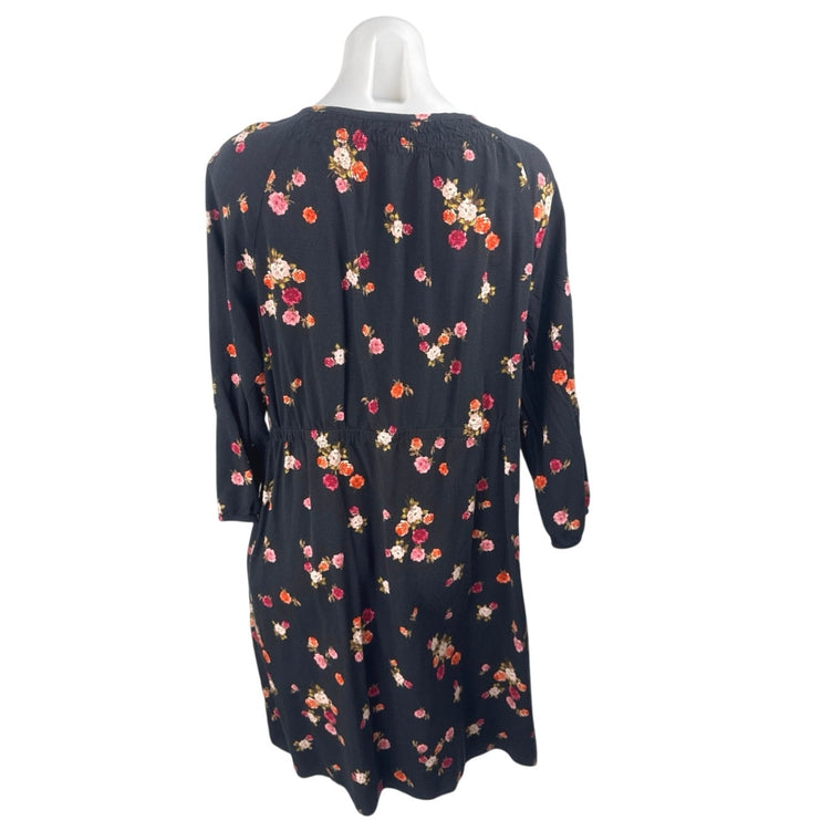 J.Jill Black Floral Smocked  Long Sleeve Button Down Mini Tunic Shirt Dress Sz M