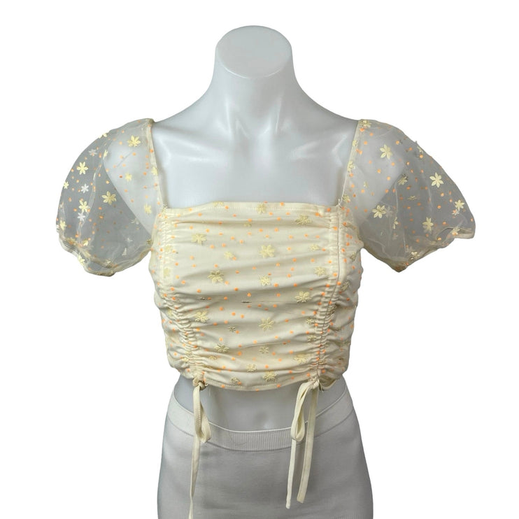 Le Lis Daisy Womens Floral Tulle Sheer Mesh Ruched Puff Sleeve Corset Crop Top S