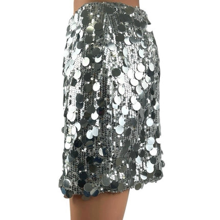 Women's Silver Sequin Sparkly High Waist Zip Mini Bodycon Pencil Skirt Size M