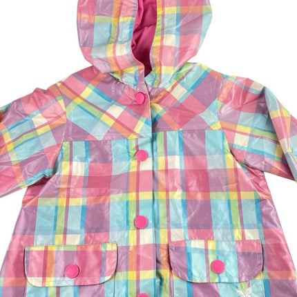 Osh Kosh Kids Girls Pink Plaid Long Sleeve Hoodie Hooded Rain Coat Jacket Size 4