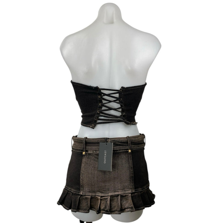 NEW Outcast Wynn Brown Metallic Strapless Bandeau Cutout Mini Denim Dress Sz XS