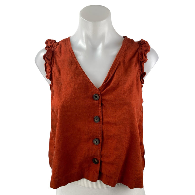 Madewell Rust Coral Linen Ruffle Sleeve V Neck Button Down Boxy Tank Shirt Top 4