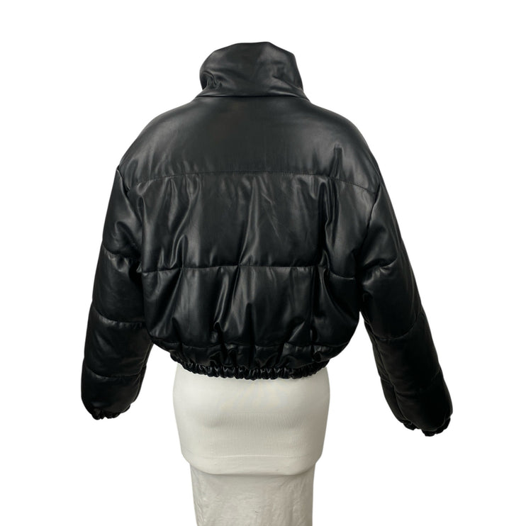 Le Lis Black Faux Vegan Leather Quilted Long Sleeve Crop Puffer Coat Jacket Sz L