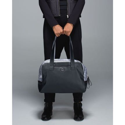 Lululemon Urban Sanctuary Black Silver Metallic Faux Leather Duffel Bag Handbag