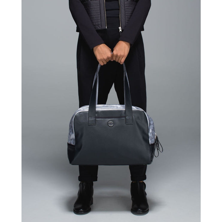 Lululemon Urban Sanctuary Black Silver Metallic Faux Leather Duffel Bag Handbag