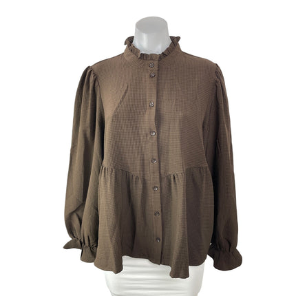 NEW Vero Moda Womens Brown Long Sleeves Button Front Ruffles Mock Blouse Top XL