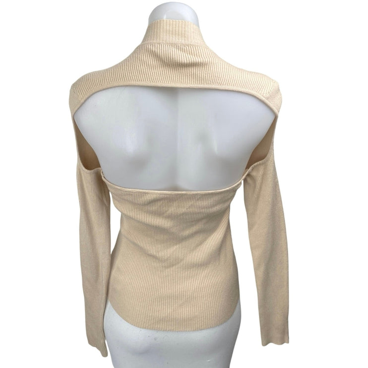 Anna Rae Women's Beige Tan Ribbed Knit Mockneck Cutout Long Sleeve Sweater Top M