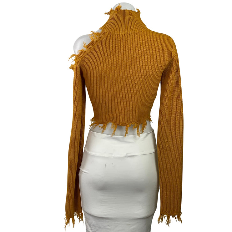 Signature 8 Women's Mustard Yellow Distressed Fringe Long Sleeve Knit Crop Top S