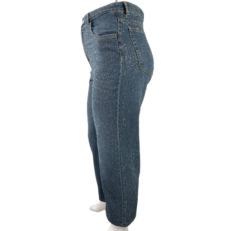 Zara Women's Blue Rhinestone Embellished Straight Wide Leg Denim Jeans Pants 12