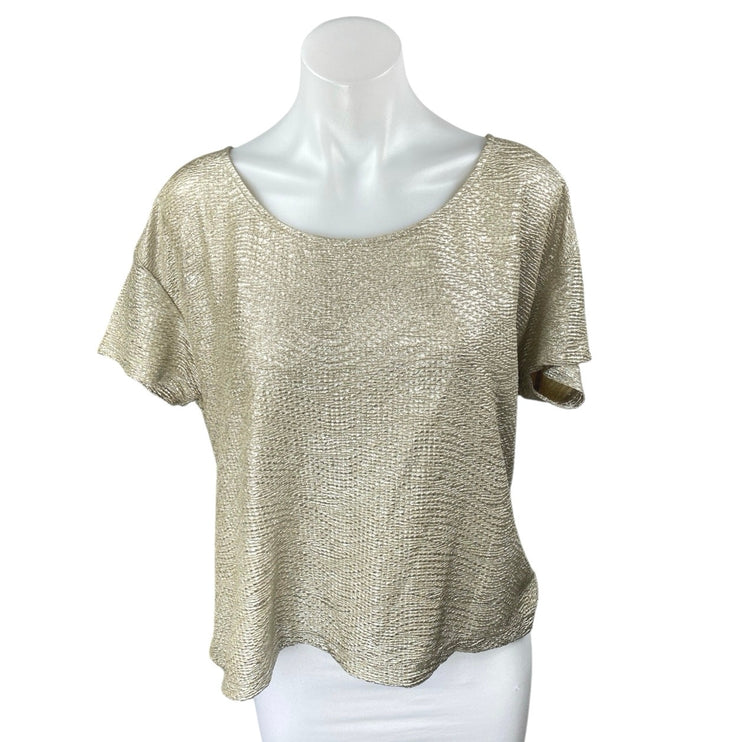 BCBGeneration Womens Beige Metallic Short Sleeve Cutout Blouse Shirt Top Size S