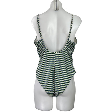Shade & Shore Green Striped Sleeveless V Neck One Piece Swimsuit Swimwear XS