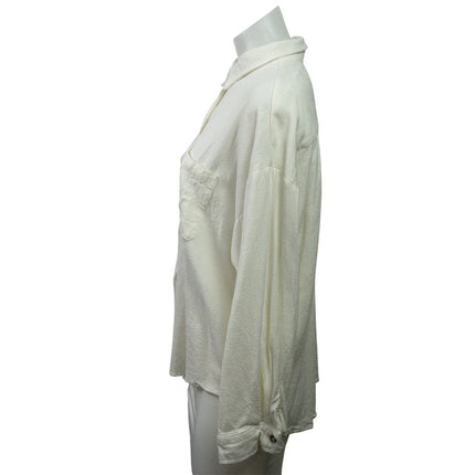 Musy Muse Women White 100% Linen Pocket Long Sleeve Button Down Shirt Top Size L