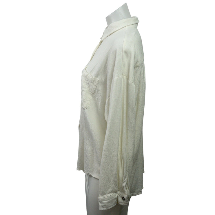 Musy Muse Women White 100% Linen Pocket Long Sleeve Button Down Shirt Top Size L
