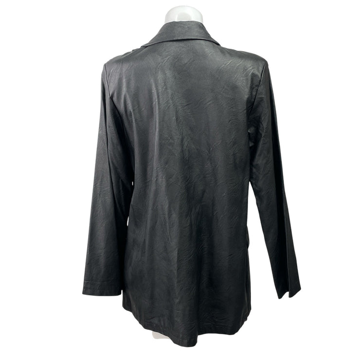 Womens Black Faux Vegan Leather Long Sleeve Pockets Blazer Coat Jacket Size L