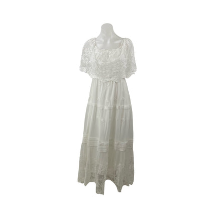 Womens White Embroidered Sheer Mesh Tiered Half Sleeve A Line Maxi Dress Size S