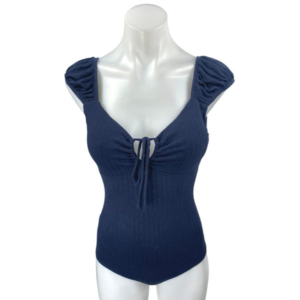 Sage The Label Blue Rib Knit Short Puff Sleeve Tie Neck Cutout Bodysuit Top Sz S