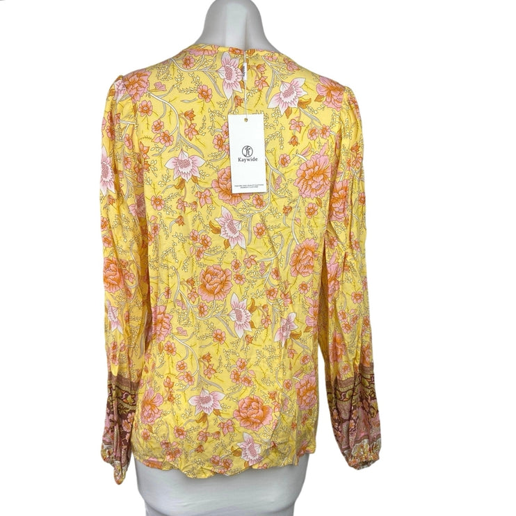 Kaywide Yellow Floral Tie V-Neck Long Sleeve Lace-up Boho Blouse Tops Shirts M