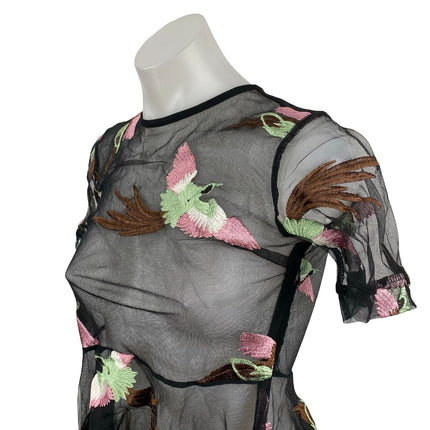 Endless Rose Womens Bird Embroidery Sheer Mesh Short Sleeve Peplum Blouse Top XS