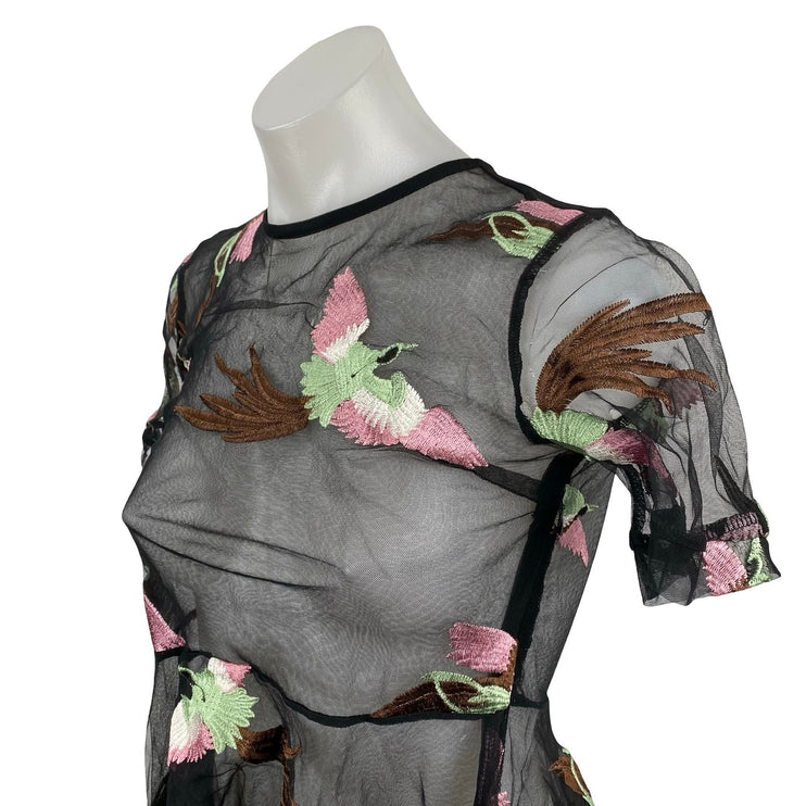 Endless Rose Womens Bird Embroidery Sheer Mesh Short Sleeve Peplum Blouse Top XS