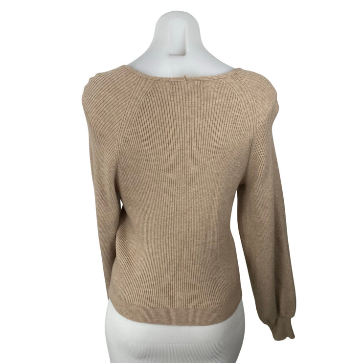 Philosophy Women's Beige Ribbed V Neck Balloon Sleeve Sweatshirt Sweater Top M