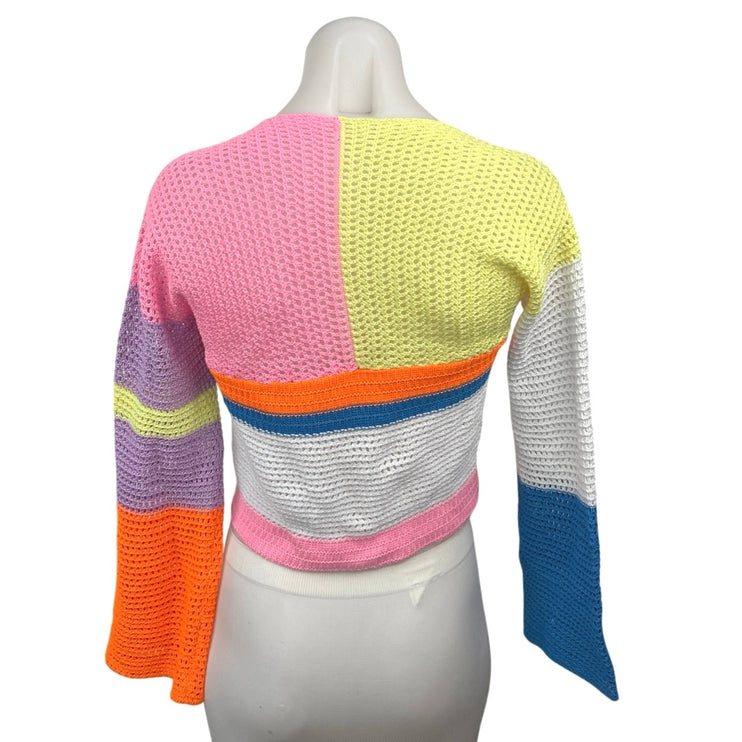 Women's Multicolor Colorblock Crochet Knit Long Sleeve Sweater Crop Top Size S