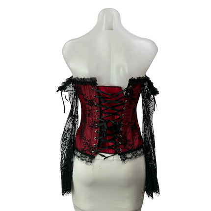 Women's Red Black Long Sleeve Floral Lace Overbust Off The Shoulder Corset Top S