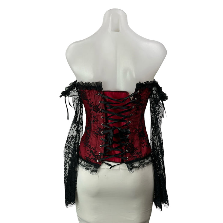 Women's Red Black Long Sleeve Floral Lace Overbust Off The Shoulder Corset Top S