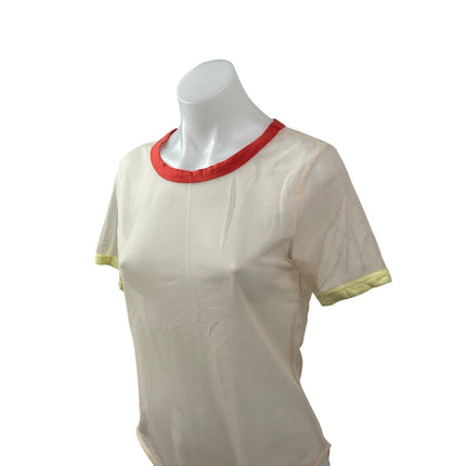 Forever 21 Women's Cream Red Short Sleeve Round Neck T Shirt Bodysuit Top Sz L